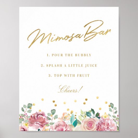Roze Bloemige Bruiloft Mimosa Bar Bord Poster (Voorkant)