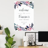 Roze bloemige bruiloft- of babyshower welkomstbord poster (Thuiskantoor)