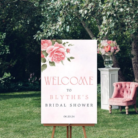 Roze bloemige bruiloftsborrel welkomstbord poster