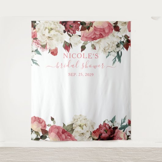 Roze Bloemige Bruiloftsdouche Achtergrond Wandkleed (Voorkant)