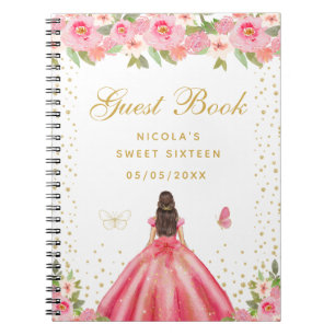 Roze Bloemige Bruine Haar Prinses Sweet Sixteen Notitieboek