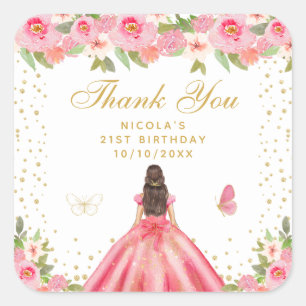 Roze Bloemige Bruine Haar Prinses Verjaardagsfeest Vierkante Sticker