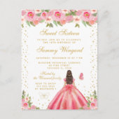 Roze bloemige bruine prinsessen haar sweet sixteen briefkaart (Voorkant)