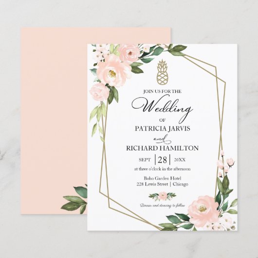 Roze bloemige budget trouwuitnodiging (Voorkant / Achterkant)