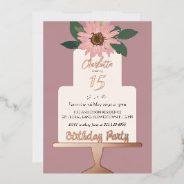 Roze Bloemige Cake Verjaardagsfeest Roze Goud Folie Uitnodiging