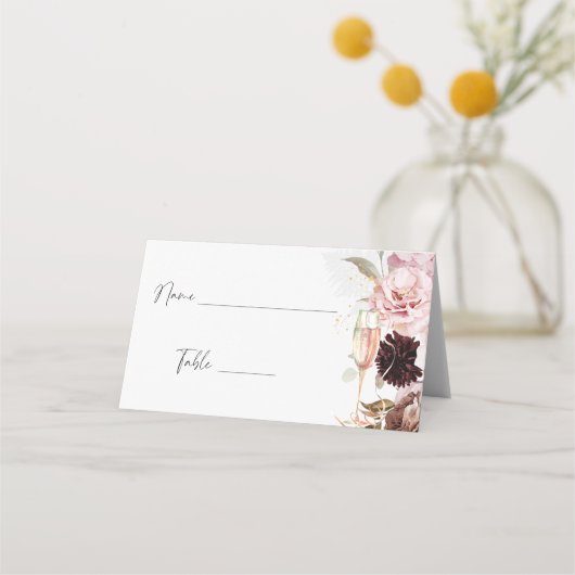 Roze bloemige champagne bruiloft zitplaatsen plaatskaartje (Voorkant)