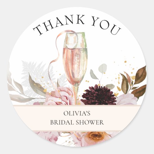 Roze Bloemige Champagne Bruiloftsshower Klassieke  Ronde Sticker (Voorkant)