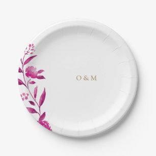 Roze bloemige Chinoiserie Trouw monogram Papieren Bordje