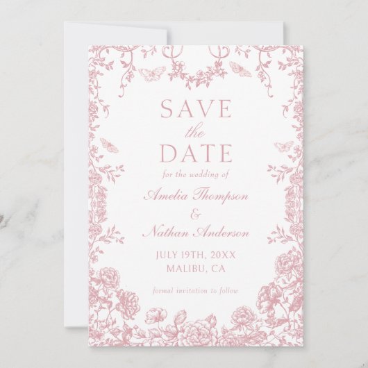 Roze bloemige Chinoiserie Trouwkaart 'Save The Dat Save The Date (Voorkant)