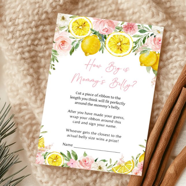 Roze Bloemige Citroen Hoe Groot Is Mamma's Buik Sp (Summer Lemon Citrus Baby Shower How Big Is Mommy's Belly Game)
