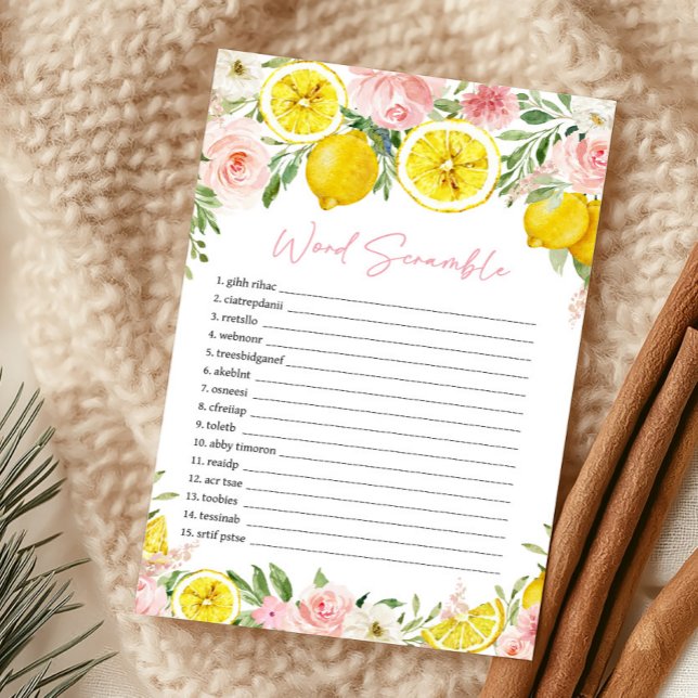 Roze Bloemige Citroen Woordzoekspel (Summer Lemon Citrus Baby Shower Word Scramble Game)