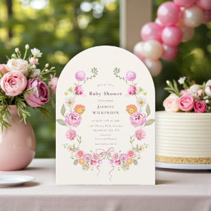 Roze bloemige coquette krans baby shower QR uitnod Kaart