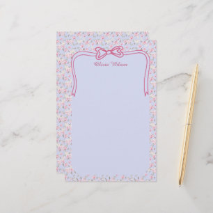 Roze Bloemige Coquette Strik Custom Naam Briefpapier
