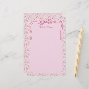Roze Bloemige Coquette Strik Custom Naam Briefpapier