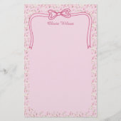Roze Bloemige Coquette Strik Custom Naam Briefpapier (Voorkant)