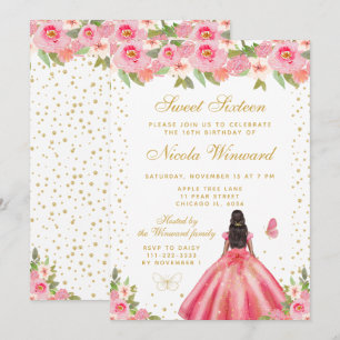 Roze Bloemige Donkere Huid Prinses Sweet Sixteen Kaart
