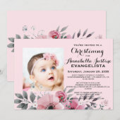 Roze Bloemige DOOP Elegante Uitnodiging (Voorkant / Achterkant)