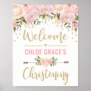 Roze bloemige doop welkom bord decoratie