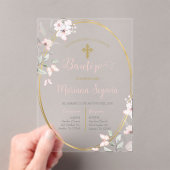 Roze bloemige doopuitnodiging in het Spaans Acryl Uitnodigingen (Insitu (Draagbaar))