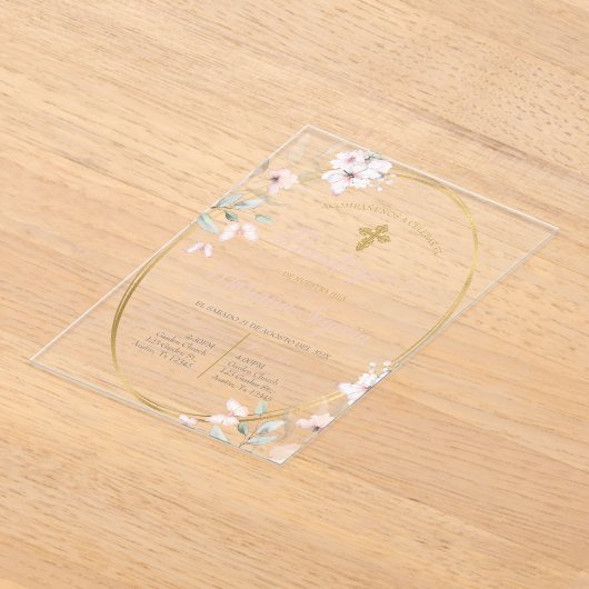 Roze bloemige doopuitnodiging in het Spaans Acryl Uitnodigingen (Laagn)