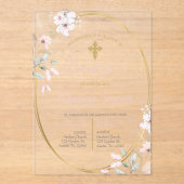 Roze bloemige doopuitnodiging in het Spaans Acryl Uitnodigingen (Voorkant)