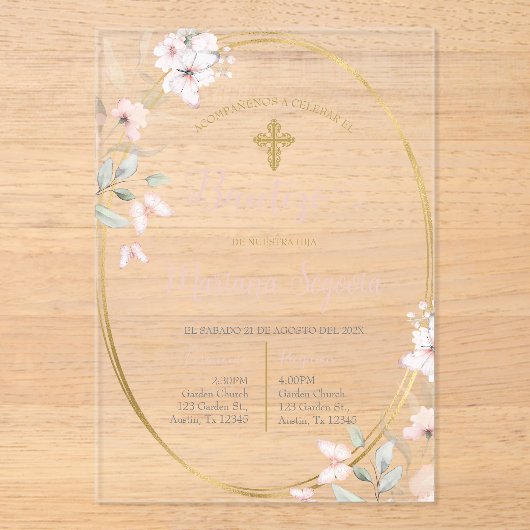 Roze bloemige doopuitnodiging in het Spaans Acryl Uitnodigingen (Voorkant)