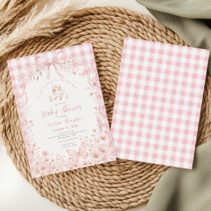 Roze Bloemige Dwaze Gans Gingham Baby Shower Kaart