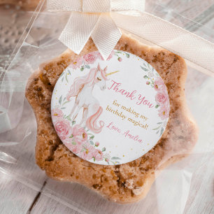 Roze Bloemige Eenhoorn Verjaardagsfeest Ronde Sticker