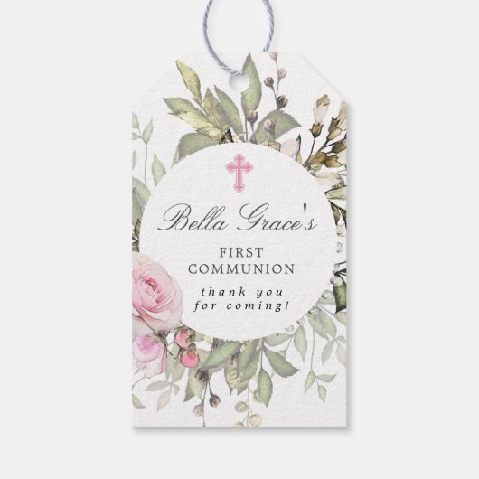 Roze bloemige eerste communie dank je wel cadeaulabel (Achterkant)