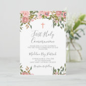 Roze Bloemige Eerste Communie Kaart (Staand voorkant)