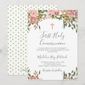 Roze Bloemige Eerste Communie Kaart (Voorkant / Achterkant)