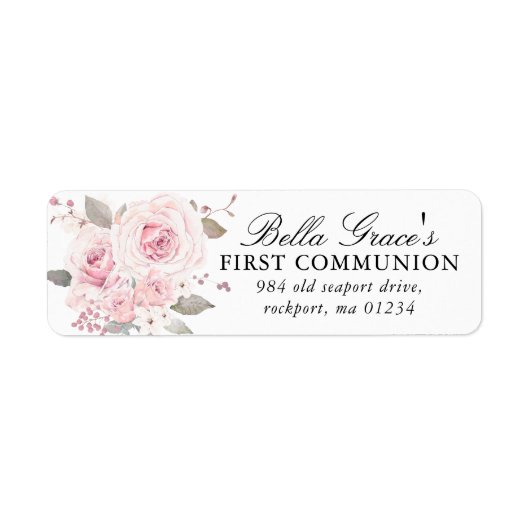 Roze bloemige eerste communie retouradres sticker (Voorkant)