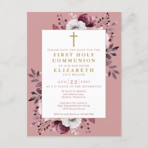 Roze Bloemige Eerste Heilige Communie Save The Dat Briefkaart