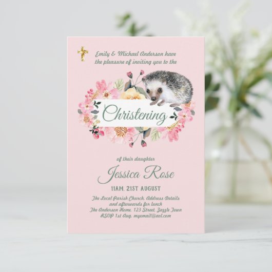 Roze Bloemige Egel Doop Uitnodiging Doopfeest (Staand voorkant)