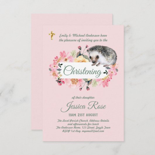 Roze Bloemige Egel Doop Uitnodiging Doopfeest (Voorkant / Achterkant)