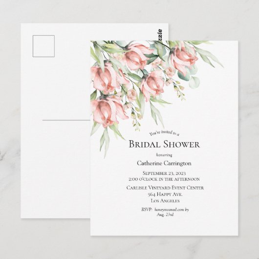 Roze bloemige elegante bruidsuitnodiging briefkaart (Voorkant / Achterkant)