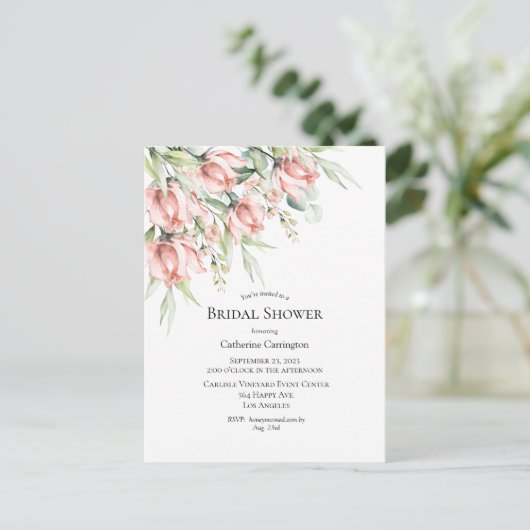 Roze bloemige elegante bruiloft uitnodiging (Staand voorkant)