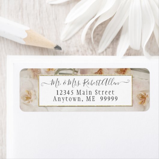 Roze Bloemige Elegante Gouden Script Botanische Br Etiket (Insitu)