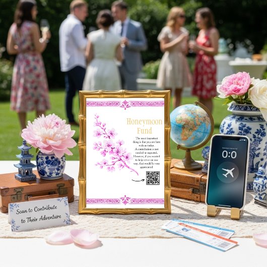 Roze bloemige Elegante Honeymoon Fund QR-code bord Kaart