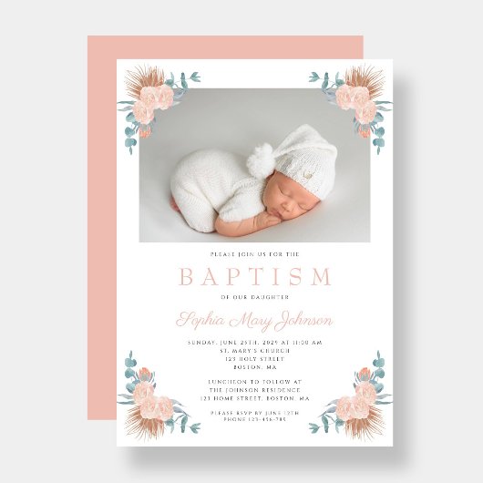 Roze Bloemige Elegante Meisje Foto Doop Kaart