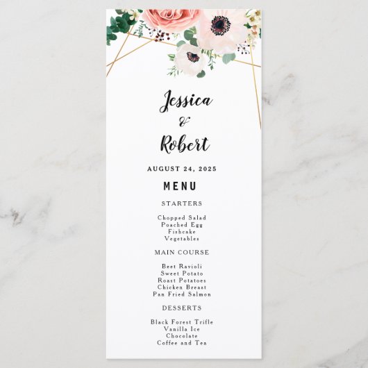Roze bloemige elegante moderne bloemen bruiloft aa menu (Voorkant)