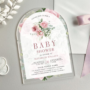 Roze Bloemige Eucalyptus Baby Shower Acryl Uitnodigingen