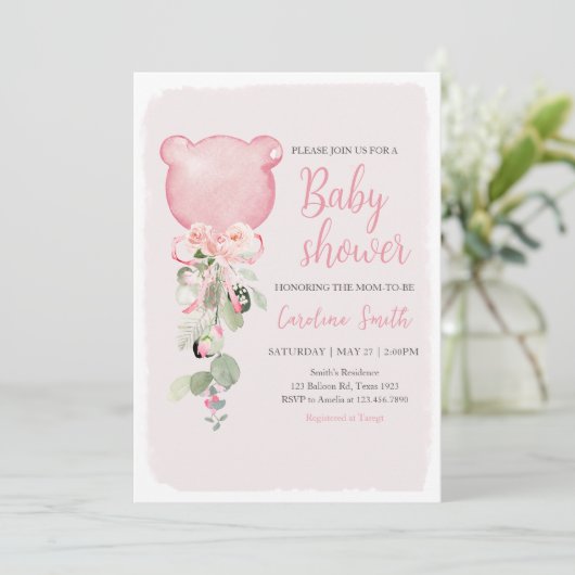 Roze Bloemige Eucalyptus Ballon Baby Shower Kaart (Staand voorkant)