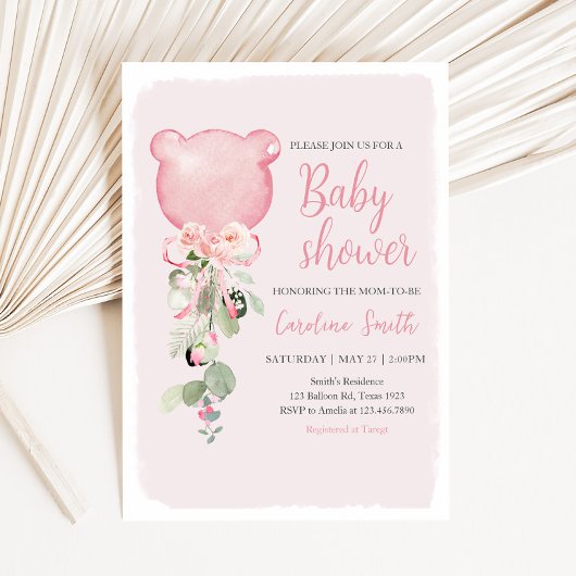 Roze Bloemige Eucalyptus Ballon Baby Shower Kaart