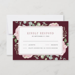Roze Bloemige Eucalyptus Burgundy Bruiloft RSVP Kaartje