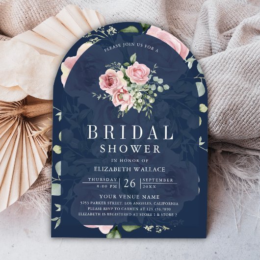 Roze Bloemige Eucalyptus Navy Bruiloft Feest Kaart