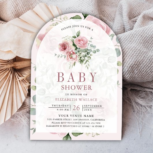 Roze Bloemige Eucalyptus QR Code Baby Shower Kaart
