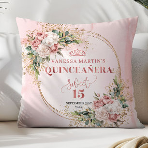 Roze bloemige eucalyptus Quinceañera aandenken Kussen
