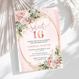 Roze Bloemige Eucalyptus Sweet 16 Verjaardag Kaart
