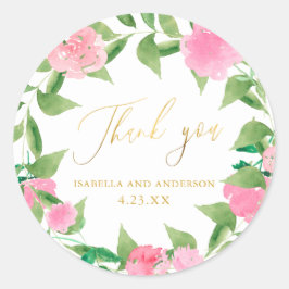  roze bloemige faux gouden bruiloft dank u ronde sticker